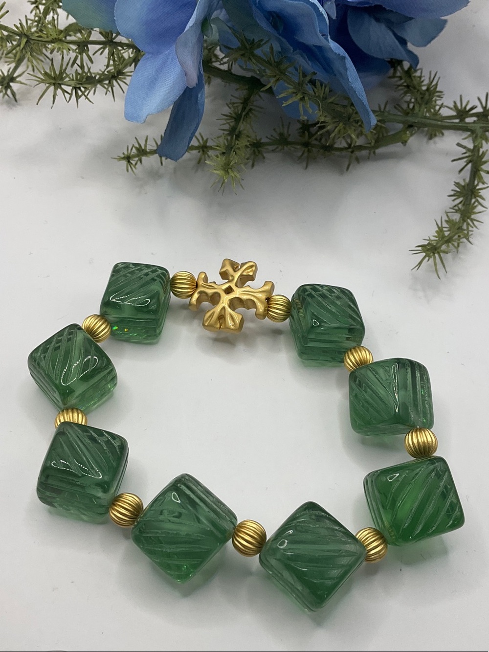 Tory Burch Green Glass Bead Bracelet with Gold Cross Accent